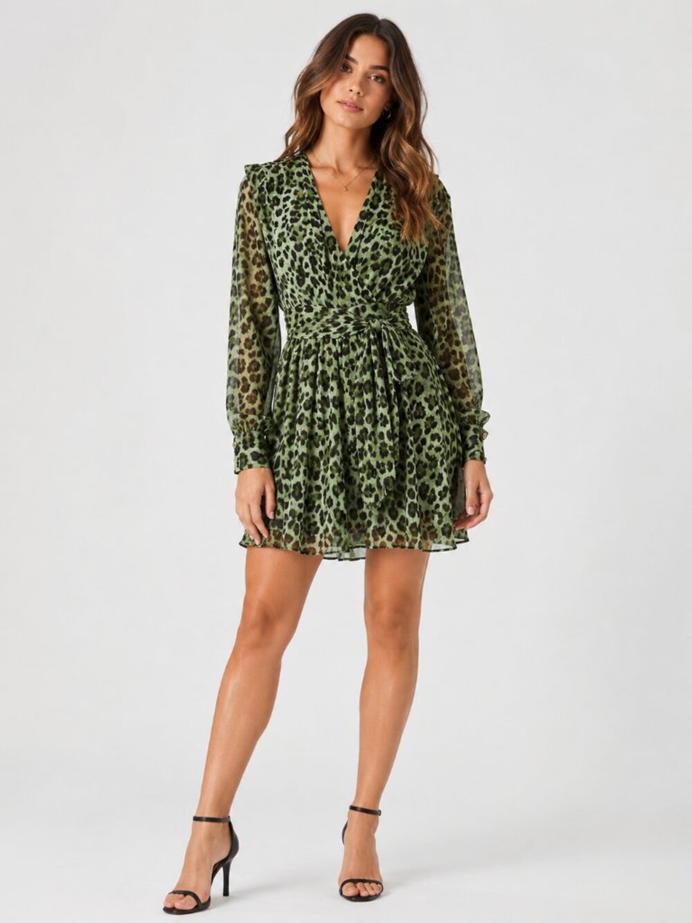 Zara Green Leopard Print Long Sleeve Mini Dress - Size S